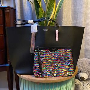 Limited Edition Victoria’s Secret Faux Leather Black Tote & Sequin Zipper Pouch